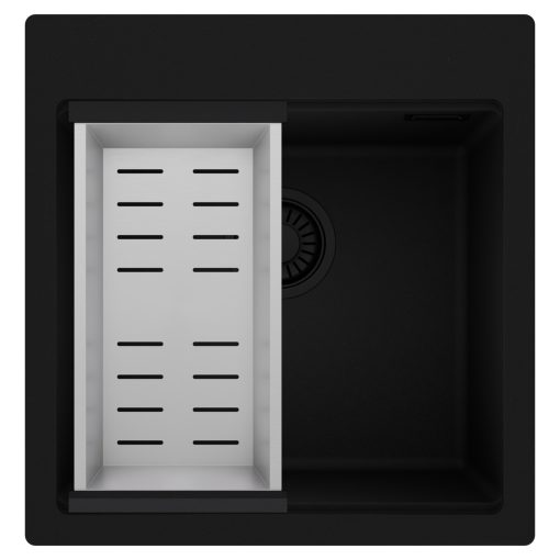 HD Infinity Black 48 egymedencés gránit mosogatótálca szett, acél csepegtetőkosárral, matt fekete színben, matt fekete leeresztő szifonnal