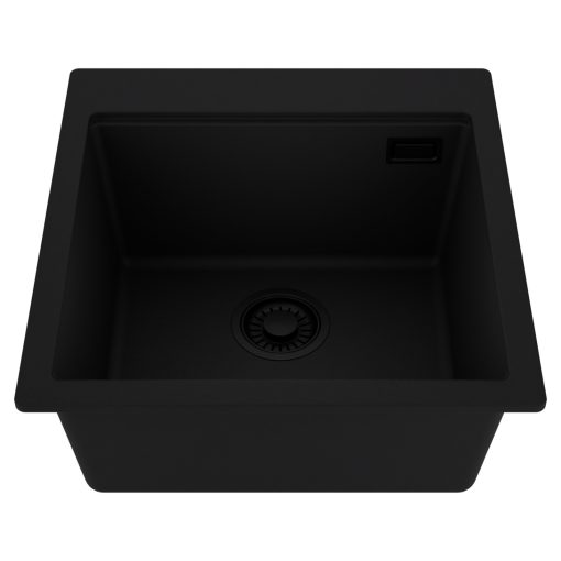 HD Infinity Black 48 egymedencés gránit mosogatótálca, matt fekete színben, matt fekete leeresztő szifonnal