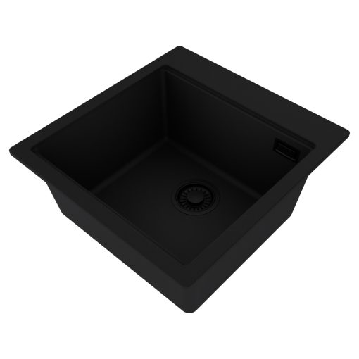 HD Infinity Black 48 egymedencés gránit mosogatótálca, matt fekete színben, matt fekete leeresztő szifonnal