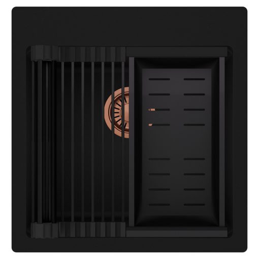 HD Infinity Black 48 egymedencés gránit mosogatótálca szett, matt fekete csepegtetőráccsal és kosárral, matt fekete színben, szálcsiszolt réz leeresztő szifonnal