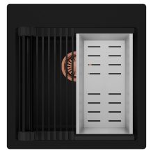 HD Infinity Black 48 egymedencés gránit mosogatótálca szett, matt fekete csepegtetőráccsal és krómozott kosárral, matt fekete színben, szálcsiszolt réz leeresztő szifonnal