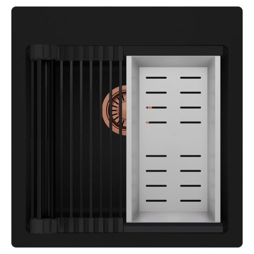 HD Infinity Black 48 egymedencés gránit mosogatótálca szett, matt fekete csepegtetőráccsal és krómozott kosárral, matt fekete színben, szálcsiszolt réz leeresztő szifonnal