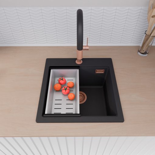 HD Infinity Black 48 egymedencés gránit mosogatótálca szett, matt fekete csepegtetőráccsal és krómozott kosárral, matt fekete színben, szálcsiszolt réz leeresztő szifonnal