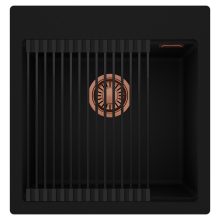 HD Infinity Black 48 egymedencés gránit mosogatótálca szett, matt fekete csepegtetőráccsal, matt fekete színben, szálcsiszolt réz leeresztő szifonnal