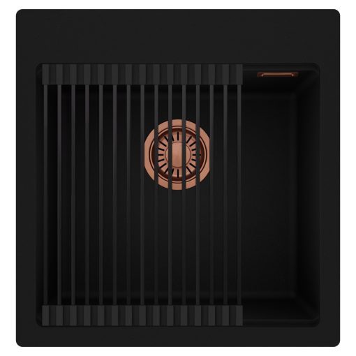 HD Infinity Black 48 egymedencés gránit mosogatótálca szett, matt fekete csepegtetőráccsal, matt fekete színben, szálcsiszolt réz leeresztő szifonnal