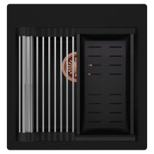 HD Infinity Black 48 egymedencés gránit mosogatótálca szett, acél csepegtetőráccsal és matt fekete kosárral, matt fekete színben, szálcsiszolt réz leeresztő szifonnal