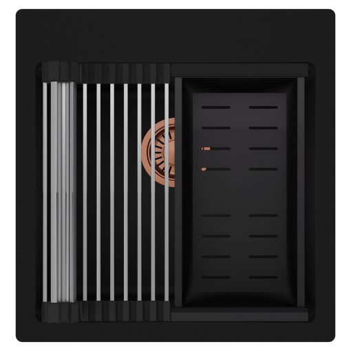 HD Infinity Black 48 egymedencés gránit mosogatótálca szett, acél csepegtetőráccsal és matt fekete kosárral, matt fekete színben, szálcsiszolt réz leeresztő szifonnal