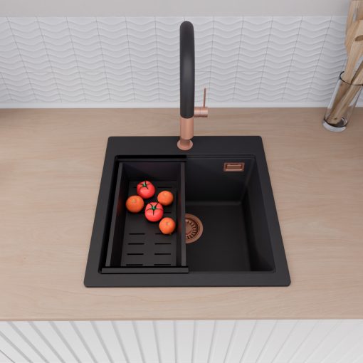 HD Infinity Black 48 egymedencés gránit mosogatótálca szett, acél csepegtetőráccsal és matt fekete kosárral, matt fekete színben, szálcsiszolt réz leeresztő szifonnal