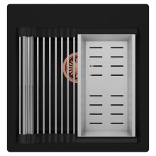 HD Infinity Black 48 egymedencés gránit mosogatótálca szett, acél csepegtetőráccsal és kosárral, matt fekete színben, szálcsiszolt réz leeresztő szifonnal