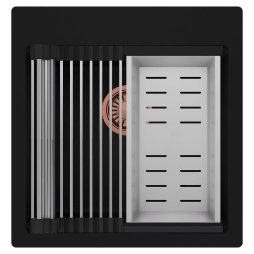 HD Infinity Black 48 egymedencés gránit mosogatótálca szett, acél csepegtetőráccsal és kosárral, matt fekete színben, szálcsiszolt réz leeresztő szifonnal