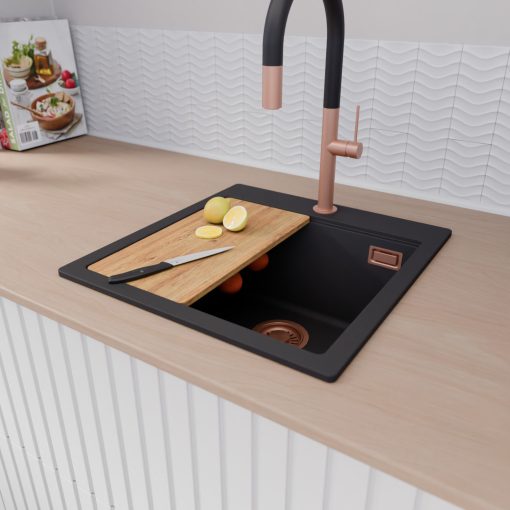 HD Infinity Black 48 egymedencés gránit mosogatótálca szett, vágódeszkával, matt fekete csepegtetőráccsal és kosárral, matt fekete színben, szálcsiszolt réz leeresztő szifonnal