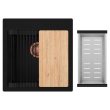 HD Infinity Black 48 egymedencés gránit mosogatótálca szett, vágódeszkával, matt fekete csepegtetőráccsal és krómozott kosárral, matt fekete színben, szálcsiszolt réz leeresztő szifonnal