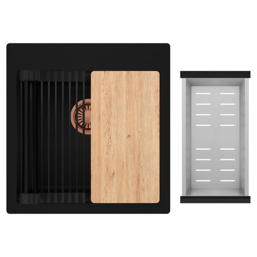 HD Infinity Black 48 egymedencés gránit mosogatótálca szett, vágódeszkával, matt fekete csepegtetőráccsal és krómozott kosárral, matt fekete színben, szálcsiszolt réz leeresztő szifonnal