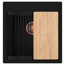 HD Infinity Black 48 egymedencés gránit mosogatótálca szett, vágódeszkával, matt fekete csepegtetőráccsal, matt fekete színben, szálcsiszolt réz leeresztő szifonnal