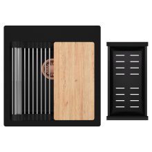 HD Infinity Black 48 egymedencés gránit mosogatótálca szett, vágódeszkával, acél csepegtetőráccsal és matt fekete kosárral, matt fekete színben, szálcsiszolt réz leeresztő szifonnal