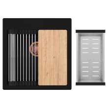 HD Infinity Black 48 egymedencés gránit mosogatótálca szett, vágódeszkával, acél csepegtetőráccsal és kosárral, matt fekete színben, szálcsiszolt réz leeresztő szifonnal