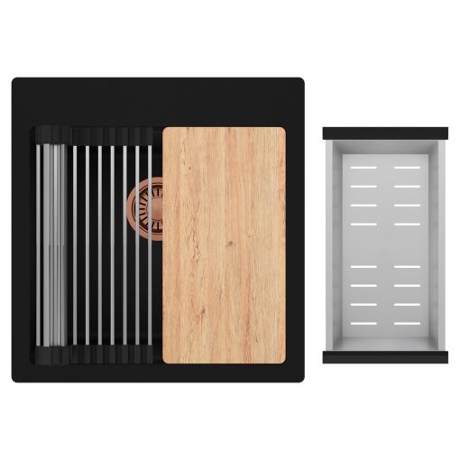 HD Infinity Black 48 egymedencés gránit mosogatótálca szett, vágódeszkával, acél csepegtetőráccsal és kosárral, matt fekete színben, szálcsiszolt réz leeresztő szifonnal