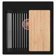 HD Infinity Black 48 egymedencés gránit mosogatótálca szett, vágódeszkával, acél csepegtetőráccsal, matt fekete színben, szálcsiszolt réz leeresztő szifonnal