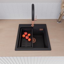 HD Infinity Black 48 egymedencés gránit mosogatótálca szett, vágódeszkával, matt fekete csepegtetőkosárral, matt fekete színben, szálcsiszolt réz leeresztő szifonnal