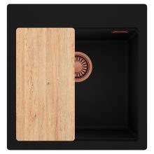 HD Infinity Black 48 egymedencés gránit mosogatótálca, vágódeszkával, matt fekete színben, szálcsiszolt réz leeresztő szifonnal