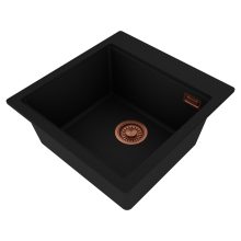 HD Infinity Black 48 egymedencés gránit mosogatótálca, vágódeszkával, matt fekete színben, szálcsiszolt réz leeresztő szifonnal