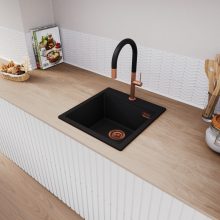 HD Infinity Black 48 egymedencés gránit mosogatótálca, vágódeszkával, matt fekete színben, szálcsiszolt réz leeresztő szifonnal