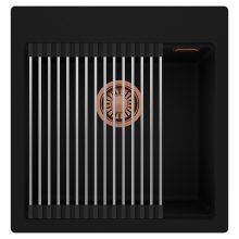 HD Infinity Black 48 egymedencés gránit mosogatótálca szett, acél csepegtetőráccsal, matt fekete színben, szálcsiszolt réz leeresztő szifonnal