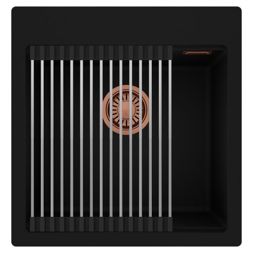 HD Infinity Black 48 egymedencés gránit mosogatótálca szett, acél csepegtetőráccsal, matt fekete színben, szálcsiszolt réz leeresztő szifonnal