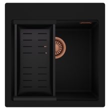 HD Infinity Black 48 egymedencés gránit mosogatótálca szett, matt fekete csepegtetőkosárral, matt fekete színben, szálcsiszolt réz leeresztő szifonnal