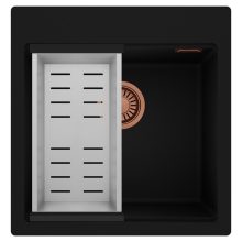 HD Infinity Black 48 egymedencés gránit mosogatótálca szett, acél csepegtetőkosárral, matt fekete színben, szálcsiszolt réz leeresztő szifonnal