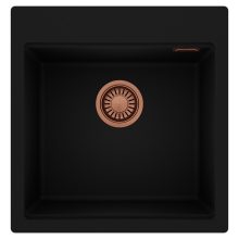 HD Infinity Black 48 egymedencés gránit mosogatótálca, matt fekete színben, szálcsiszolt réz leeresztő szifonnal