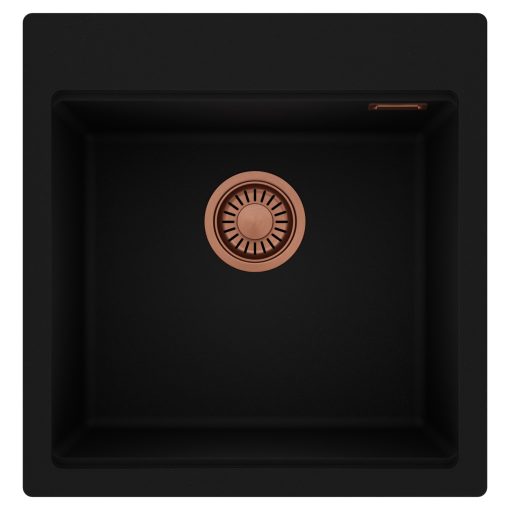 HD Infinity Black 48 egymedencés gránit mosogatótálca, matt fekete színben, szálcsiszolt réz leeresztő szifonnal