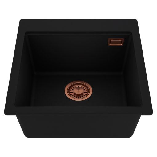 HD Infinity Black 48 egymedencés gránit mosogatótálca, matt fekete színben, szálcsiszolt réz leeresztő szifonnal