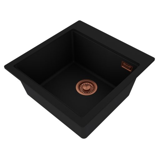 HD Infinity Black 48 egymedencés gránit mosogatótálca, matt fekete színben, szálcsiszolt réz leeresztő szifonnal