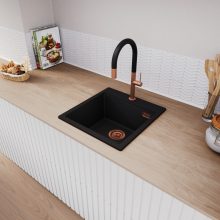 HD Infinity Black 48 egymedencés gránit mosogatótálca, matt fekete színben, szálcsiszolt réz leeresztő szifonnal