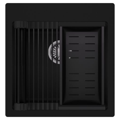 HD Infinity Black 48 egymedencés gránit mosogatótálca szett, matt fekete csepegtetőráccsal és kosárral, matt fekete színben