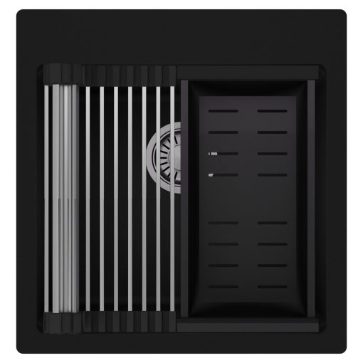 HD Infinity Black 48 egymedencés gránit mosogatótálca szett, acél csepegtetőráccsal és matt fekete kosárral, matt fekete színben