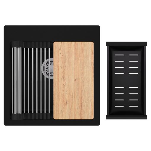 HD Infinity Black 48 egymedencés gránit mosogatótálca szett, vágódeszkával, acél csepegtetőráccsal és matt fekete kosárral, matt fekete színben