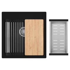   HD Infinity Black 48 egymedencés gránit mosogatótálca szett, vágódeszkával, acél csepegtetőráccsal és kosárral, matt fekete színben