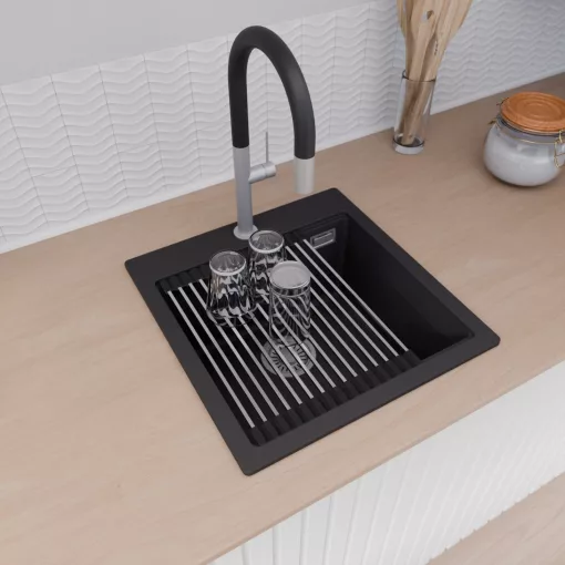 HD Infinity Black 48 egymedencés gránit mosogatótálca szett, vágódeszkával, acél csepegtetőráccsal és kosárral, matt fekete színben