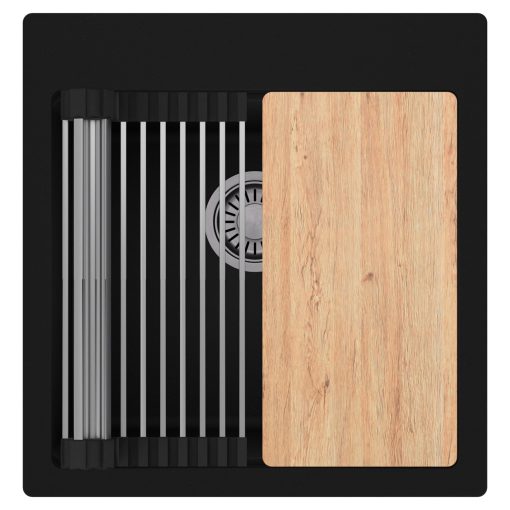 HD Infinity Black 48 egymedencés gránit mosogatótálca szett, vágódeszkával, acél csepegtetőráccsal, matt fekete színben