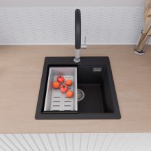 HD Infinity Black 48 egymedencés gránit mosogatótálca szett, acél csepegtetőkosárral, matt fekete színben