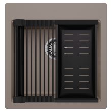 HD Infinity Tortora 48 egymedencés gránit mosogatótálca szett, matt fekete csepegtetőráccsal és kosárral, tortora színben, szálcsiszolt króm leeresztő szifonnal