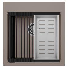 HD Infinity Tortora 48 egymedencés gránit mosogatótálca szett, matt fekete csepegtetőráccsal és krómozott kosárral, tortora színben, szálcsiszolt króm leeresztő szifonnal