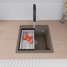 HD Infinity Tortora 48 egymedencés gránit mosogatótálca szett, matt fekete csepegtetőráccsal és krómozott kosárral, tortora színben, szálcsiszolt króm leeresztő szifonnal