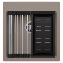 HD Infinity Tortora 48 egymedencés gránit mosogatótálca szett, acél csepegtetőráccsal és matt fekete kosárral, tortora színben, szálcsiszolt króm leeresztő szifonnal