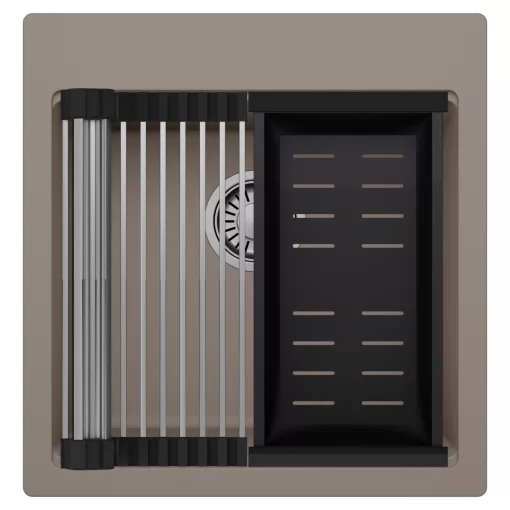 HD Infinity Tortora 48 egymedencés gránit mosogatótálca szett, acél csepegtetőráccsal és matt fekete kosárral, tortora színben, szálcsiszolt króm leeresztő szifonnal