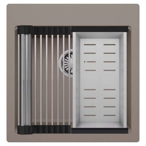 HD Infinity Tortora 48 egymedencés gránit mosogatótálca szett, acél csepegtetőráccsal és kosárral, tortora színben, szálcsiszolt króm leeresztő szifonnal