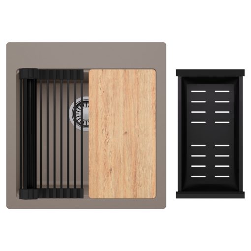 HD Infinity Tortora 48 egymedencés gránit mosogatótálca szett, vágódeszkával, matt fekete csepegtetőráccsal és kosárral, tortora színben, szálcsiszolt króm leeresztő szifonnal