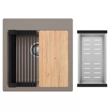 HD Infinity Tortora 48 egymedencés gránit mosogatótálca szett, vágódeszkával, matt fekete csepegtetőráccsal és krómozott kosárral, tortora színben, szálcsiszolt króm leeresztő szifonnal